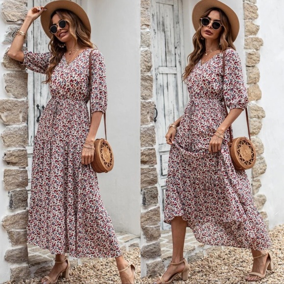 Floral print drawstring waist maxi dress - Picture 2 of 4